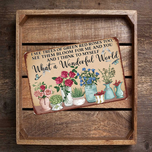 Vintage-Style Outdoor Sign With Poetic Verse And Colorful Floral Illustrations - What A Wonderful World Theme 8x12