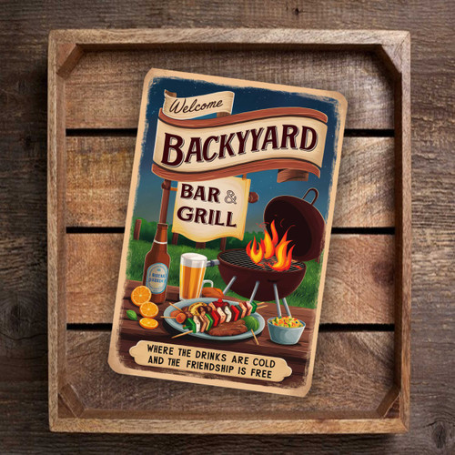 Vintage-Style "Welcome Backyard Bar & Grill" Sign - Rustic Outdoor Decor With BBQ Grill And Starry Night Background, 8"x 12"