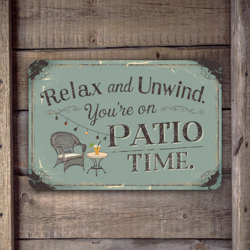 Vintage-Style "Relax And Unwind, You're On Patio Time" Sign - Elegant 8"x 12" Wall Decor With Wicker Chair And Hanging Lights Illustration