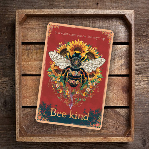 Vintage Style "Bee Kind" Sign - Vibrant Floral Design With Intricately Designed Bee - Inspirational Wall Art With Ornate Borders