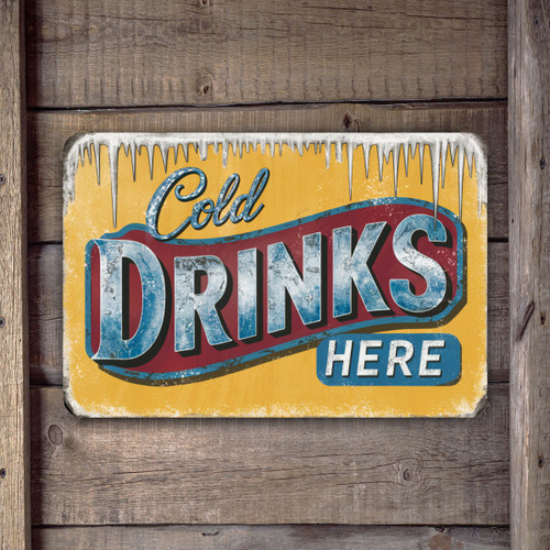 Vintage-Style "Cold Drinks Here" Sign - Rustic Yellow And Blue Wall Decor With Icicles - Perfect For Outdoor Or Indoor Use