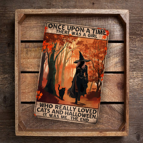 Witch And Cat Halloween Decor "Once Upon A Time There Was A Girl" Vintage Metal Sign – 8x12 Rustic Wall Art for Cat Lovers & Halloween Fans