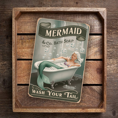 Vintage-Style "Mermaid & Co. Bath SOAP - Wash Your Tail" Metal Sign - Charming Mermaid Bathroom Decor With Green And Gray Tones 8x12