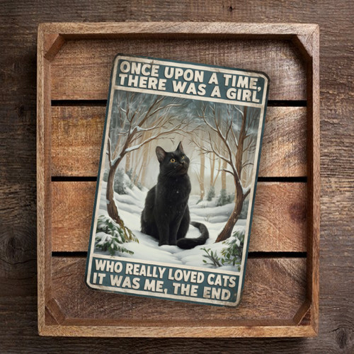 Vintage-Style "Once Upon A Time, There Was A Girl Who Really Loved Cats" Metal Sign - Serene Winter Scene With Black Cat 8x12