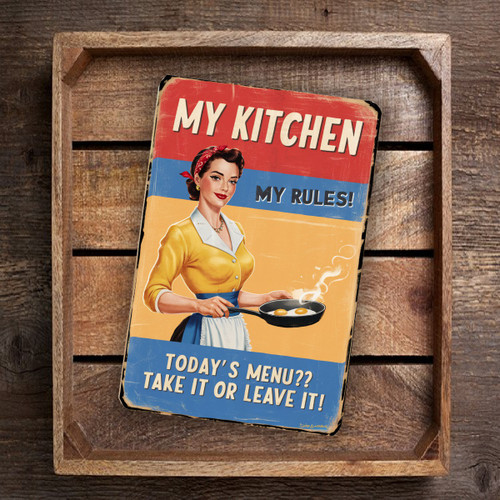 Vintage-Style "My Kitchen, My Rules" Metal Sign - Retro Woman With Frying Pan And Eggs - Nostalgic Red And Yellow Design 8x12
