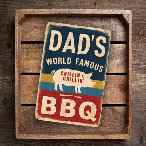 Vintage-Style "Dad's World Famous BBQ" Sign - Rustic Blue, Yellow, And Red Stripes With Pig Illustration 8x12