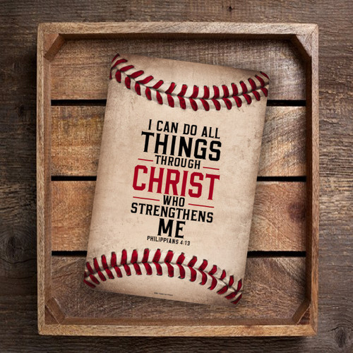 Vintage-Style "I Can Do All Things Through Christ" Metal Sign - Faded Baseball Stitches Background With Philippians 4:13 Verse 8x12