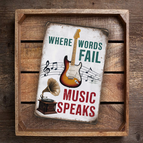Vintage-Style "Where Words Fail, Music Speaks" Sign - Guitar, Musical Notes, And Gramophone 8x12