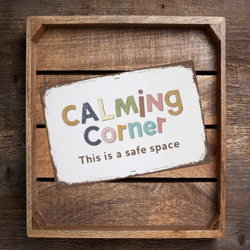 Rustic "Calming Corner" Sign – Safe Space Wall Art – Vintage Distressed White Background With Colorful Letters – 8"x 12" Metal Sign