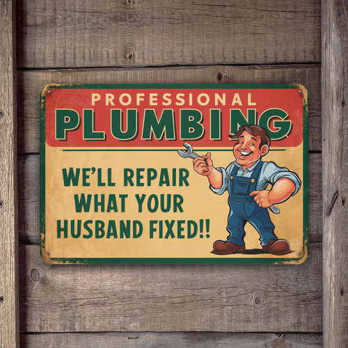 Funny Vintage Plumbing Sign “We’ll Repair What Your Husband Fixed” Rustic Sign With Cartoon Plumber – Garage, Workshop, Man Cave Decor 8x12