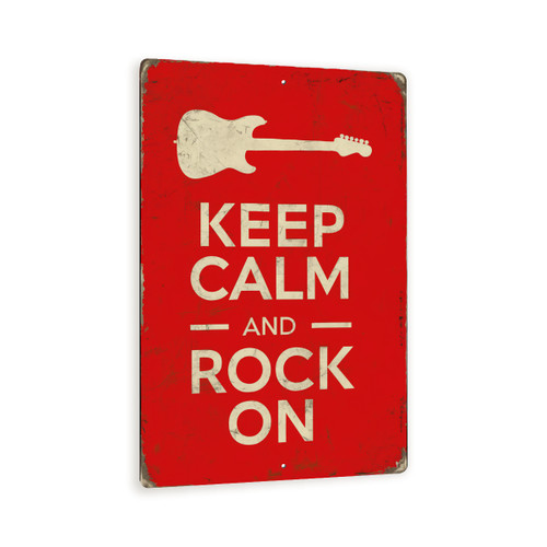 Keep Calm And Rock On Vintage Metal Sign Red Distressed Music Wall Decor With Guitar – Retro Music Lover Gift For Home, Studio, Or Bar 8x12