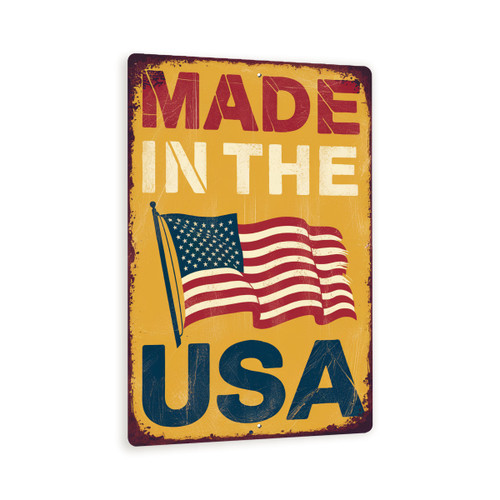Vintage "Made In The USA" Sign – 8x12 Rustic Aluminum Composite Wall Decor With Flag – Distressed Patriotic Outdoor Metal Sign