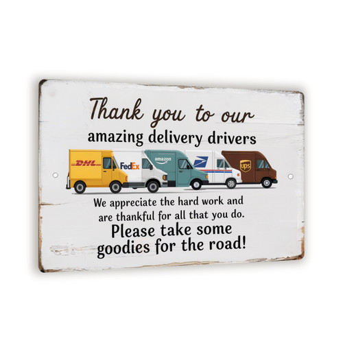 Thank You Delivery Driver Sign – 8x12 Vintage Metal Porch Decor With Cartoon Trucks, Treat Station Appreciation Gift For FedEx UPS Amazon