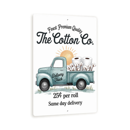 The Cotton Co. Sign – 8x12 Vintage Farmhouse Metal Wall Art, Light Blue Pickup Truck With Cotton, Rustic Southern Decor, Retro Delivery Ad