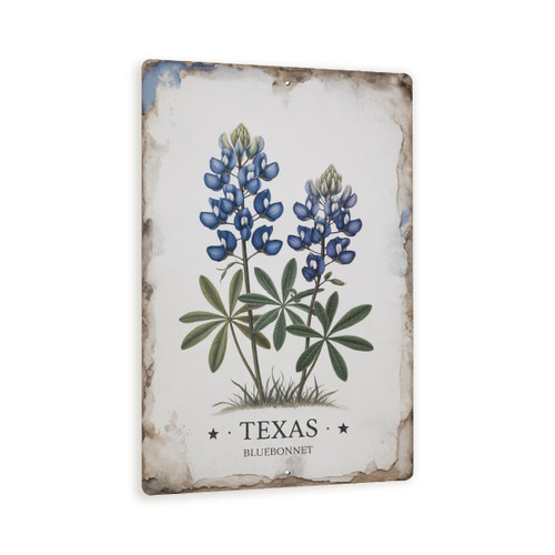 Texas Bluebonnet Sign – 8x12 Vintage Botanical Metal Wall Art, Rustic State Flower Decor, Distressed Floral Wildflower Garden Plaque