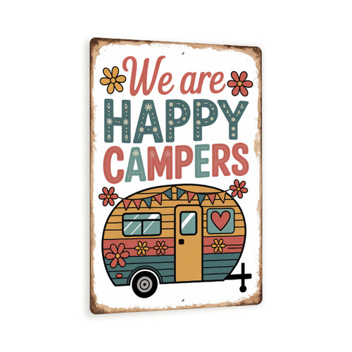We Are Happy Campers Sign – 8x12 Vintage Camper Trailer Metal Wall Art, Rustic Outdoor RV Decor, Teal & Coral Retro Camping Plaque