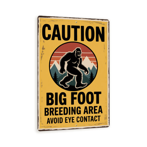 Caution Bigfoot Breeding Area Sign – Funny Sasquatch Warning Metal Wall Art With Vintage Yellow Distressed Outdoor Style 8x12