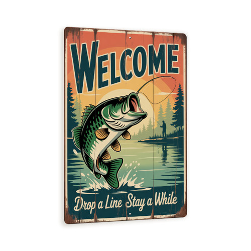 Welcome Fishing Sign – Rustic Largemouth Bass Metal Wall Art, Vintage Lake Sunset Cabin Decor, Drop A Line Stay A While Plaque 8x12