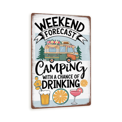 Weekend Forecast Camping Sign – Vintage Camper Metal Wall Art With Drinks, Rustic RV Bar Decor, Funny Campfire Drinking Plaque 8x12