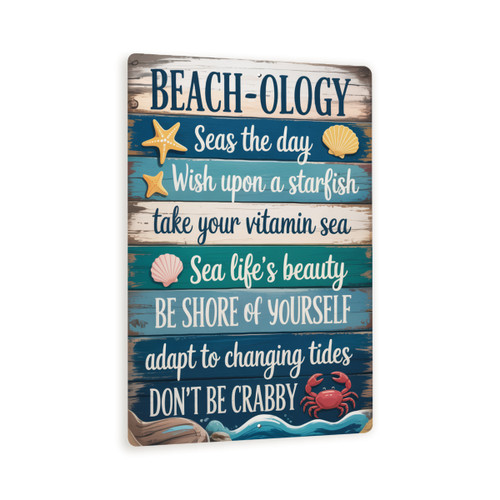 Beach-Ology Sign – Rustic Coastal Metal Wall Art With Inspirational Ocean Quotes, Distressed Wood Look Beach Decor For Home Or Cottage 8x12