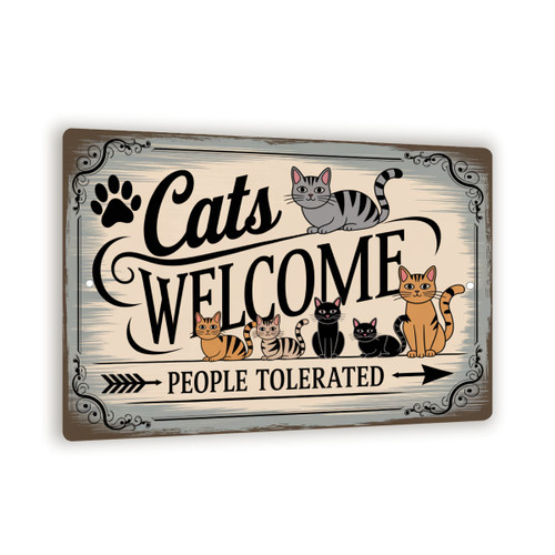 Cats Welcome People Tolerated Sign – Funny Metal Wall Decor With Cute Cartoon Cats, Rustic Pet Lover Gift, Distressed Aluminum Panel 8x12