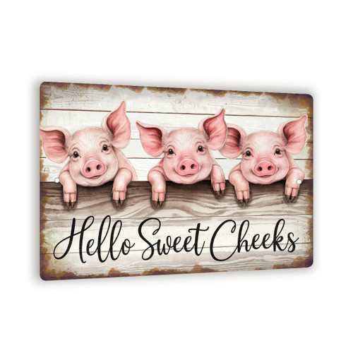 Hello Sweet Cheeks Pig Sign – Vintage Farmhouse Wall Decor With Three Watercolor Pigs, Rustic Metal Sign 8x12