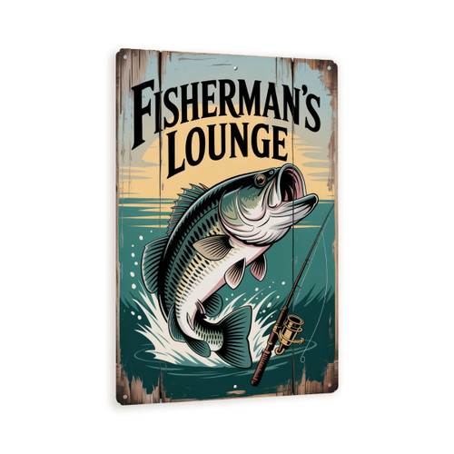 Fisherman’s Lounge Metal Sign – Vintage Jumping Bass Wall Art, Rustic Fishing Cabin Decor With Distressed Wood Look 8x12