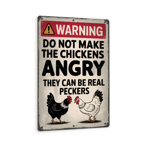Funny Chicken Warning Sign – “Do Not Make The Chickens Angry” Vintage Metal Farm Wall Decor, Rustic Henhouse Humor Sign 8x12