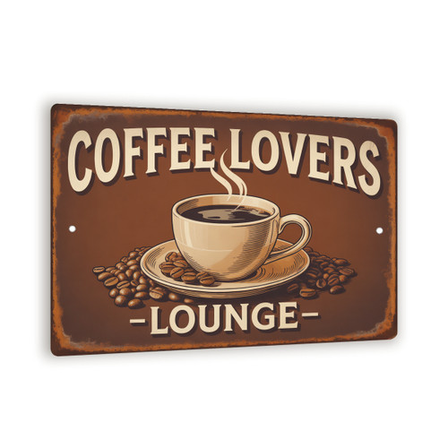 Vintage Coffee Lovers Lounge Metal Sign – Rustic Coffee Bar Wall Art With Steaming Cup Illustration, Distressed Café Kitchen Decor 8x12