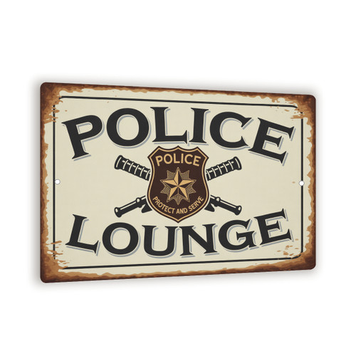 Vintage “Police Lounge” Metal Sign – Rustic Law Enforcement Wall Art With Badge And Baton Design, Retro Americana Police Decor 8x12