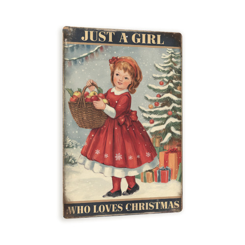 Just A Girl Who Loves Christmas Sign – Vintage Metal Holiday Wall Art With Red Dress Girl, Snow Scene & Christmas Tree 8x12