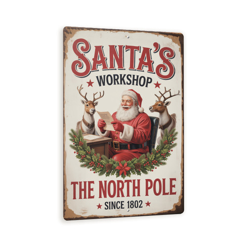 Santa’s Workshop North Pole Sign – Vintage Metal Christmas Wall Decor With Santa & Reindeer, Rustic Holiday Wreath Design 8x12