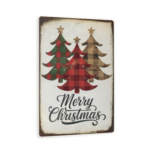 Merry Christmas Plaid Tree Sign – Vintage Farmhouse Metal Wall Art With Red, Green & Brown Buffalo Plaid Trees, Rustic Holiday Décor 8x12