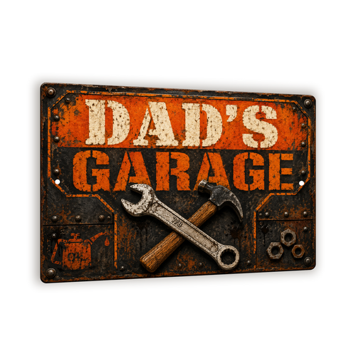 Dad's Garage Sign, Industrial Workshop Wall Decor, 8x12 Metal