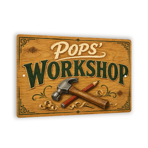 Pop's Workshop Sign, Carved Oak-style Wall Decor, 8x12 Metal
