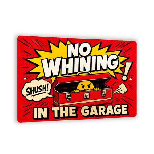 No Whining in the Garage Sign, Pop-art Wall Decor, 8x12 Metal