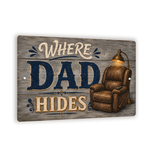 Where Dad Hides From Mom Sign, Grey Pallet Wood Wall Decor, 8x12 Metal