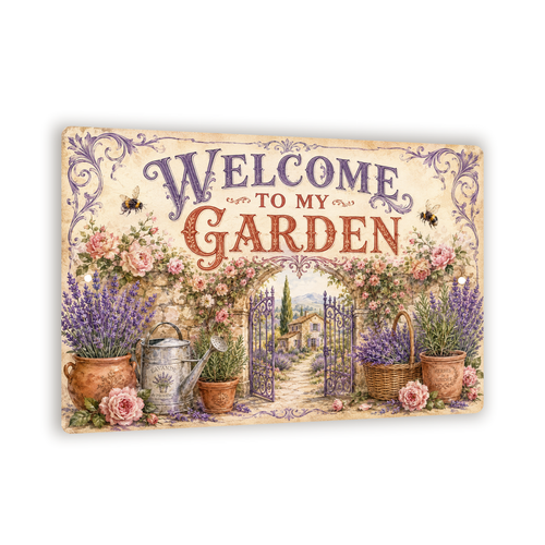 Welcome to My Garden Sign, French Provence Lavender Wall Decor, 8x12 Metal