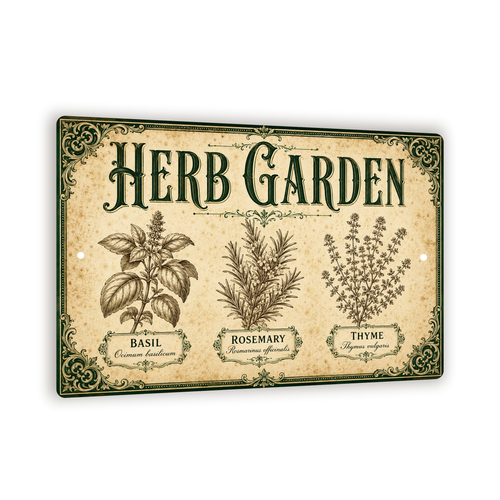 Herb Garden Sign, Botanical Wall Decor, 8x12 Metal