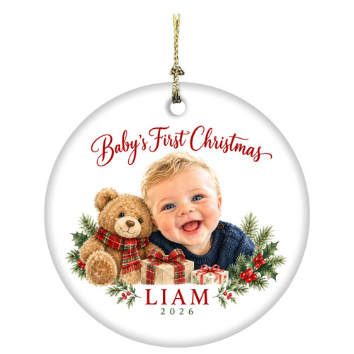 Personalized Baby's First Christmas Ornament from Your Photo - Custom Baby Photo Keepsake with Name & Year - 3" Round Ceramic Keepsake with Gift Box