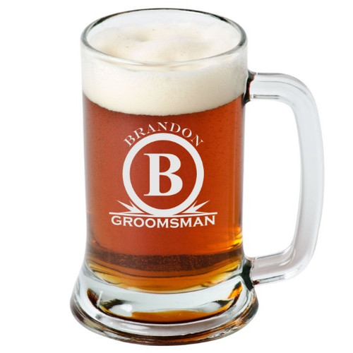 Personalized Engraved 16 Ounce Glass Beer Mug With Circle Monogram (Sold Individually)