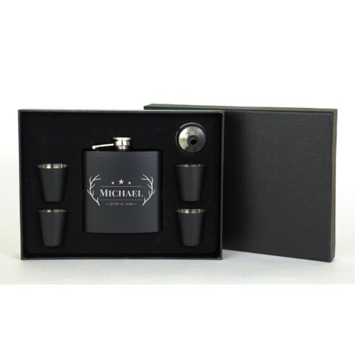 Personalized Black Matte Flask Set With Shot Glasses Antler Design