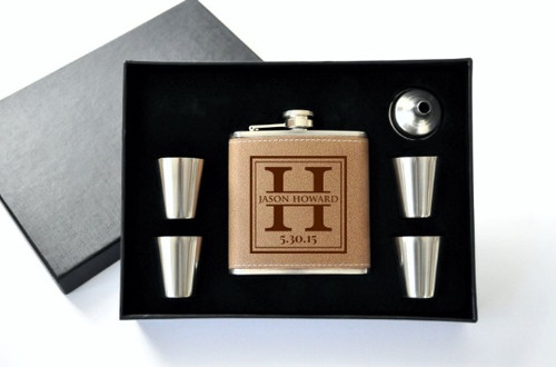 Personalized Leather Flask Set With Shot Glasses Monogram