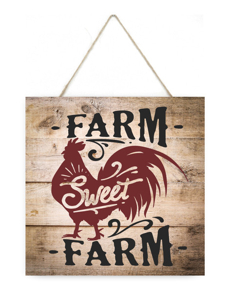 Farm Sweet Farm Rooster Wooden Plank Sign 7.5 x 7.5
