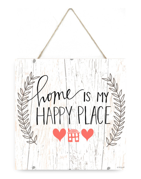 Home Is My Happy Place With Laurel Wreath Wooden Plank Sign 7.5 x 7.5