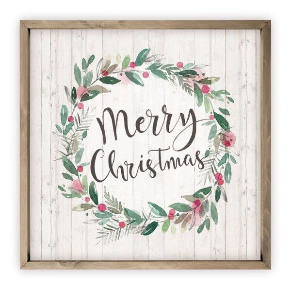 Merry Christmas Berry Wreath Rustic Wood Farmhouse Wall Sign