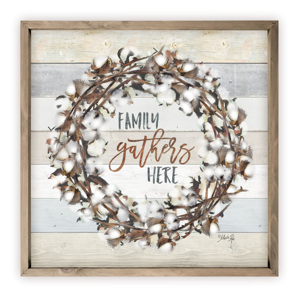 Family Gathers Here Cotton Plant Wreath Rustic Wood Farmhouse Wall Sign