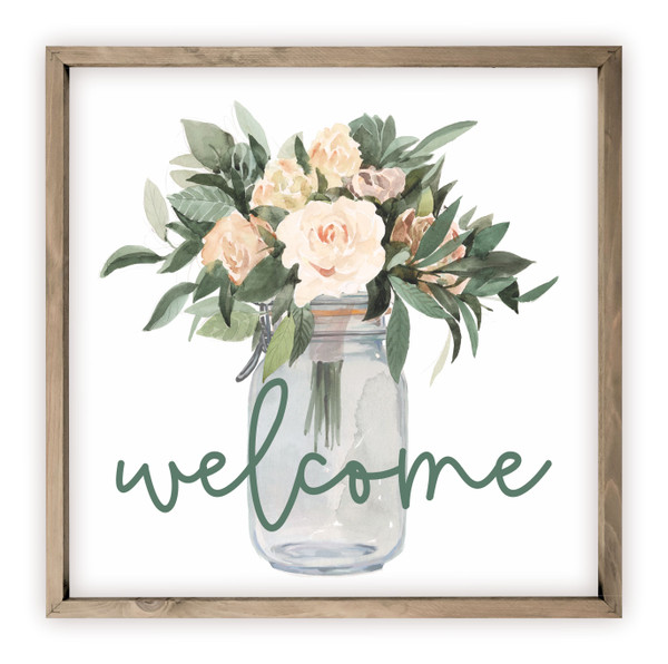 Welcome Flowers In Mason Jar Rustic Wood Farmhouse Wall Sign