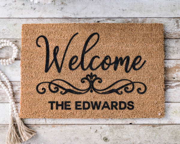 Personalized Coir Coconut Husk Doormat Door Mat With Welcome And Scroll Work 18x30 or 24x36
