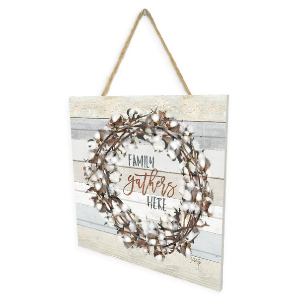 Family Gathers Here Wreath Wooden Plank Sign 7.5 x 7.5